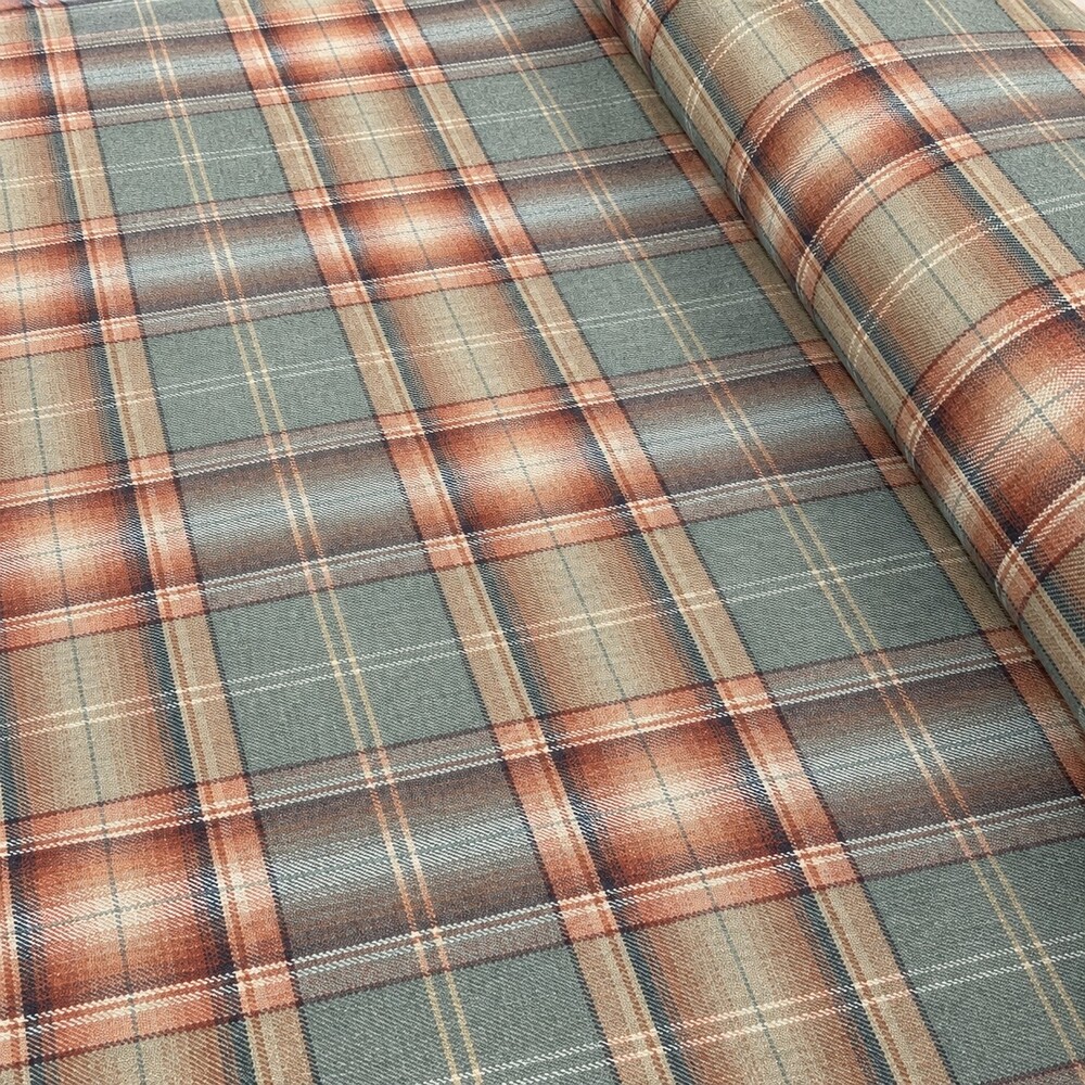 Plaid Tartan Woven Decorator Fabric Sage Blue Rust Tan Cream PER YARD